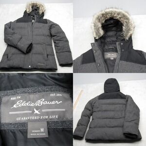 Eddie‎ Bauer Down Jacket Womens Medium Gray Faux Fur Hooded Trim Full Zip Puffer